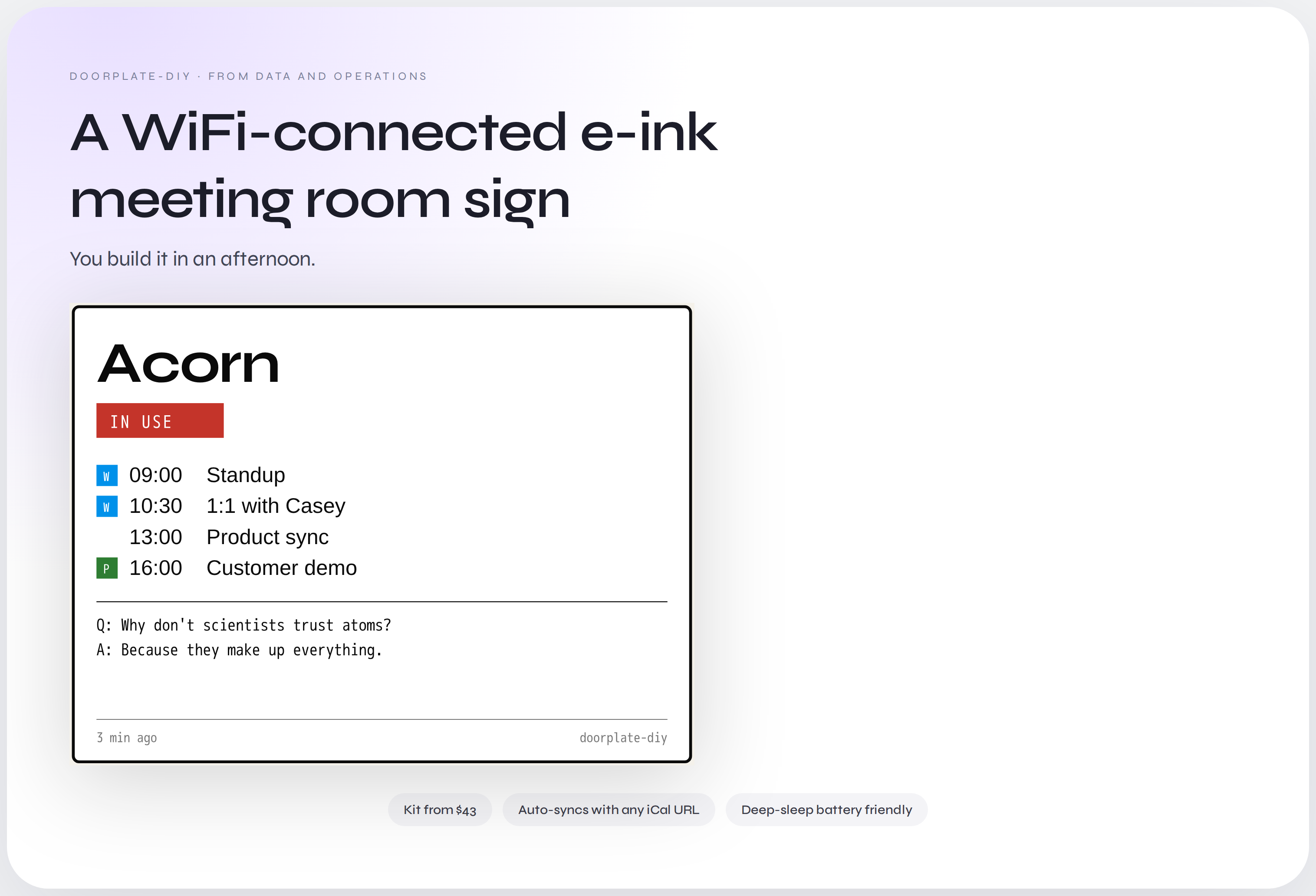 Doorplate DIY hero — e-ink room sign in a birch picture frame