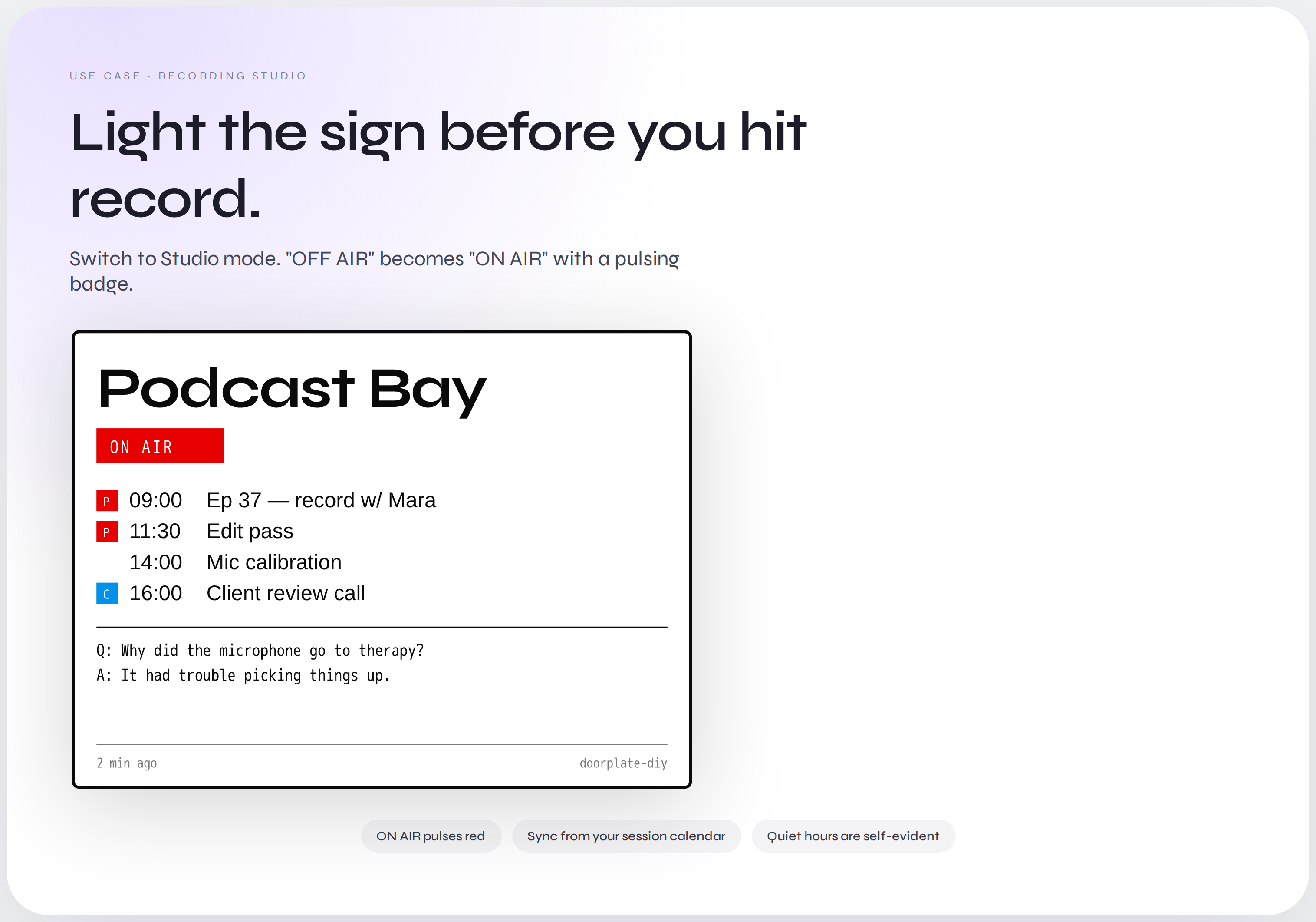 Studio mode: ON AIR placard with pulsing red badge