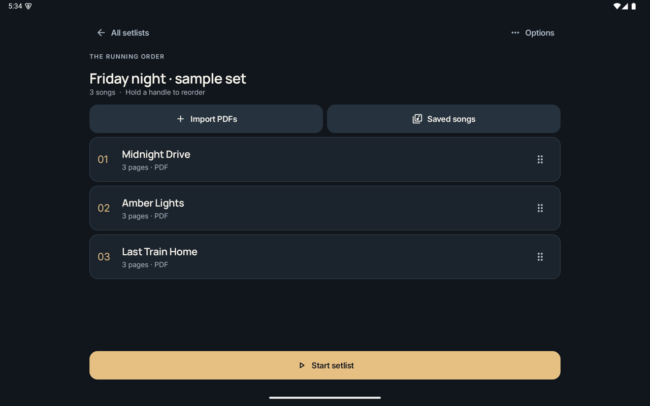 Setlist editor on a tablet showing three songs in running order with drag handles