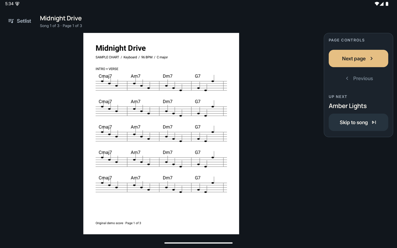 Setlist concert reader on a tablet