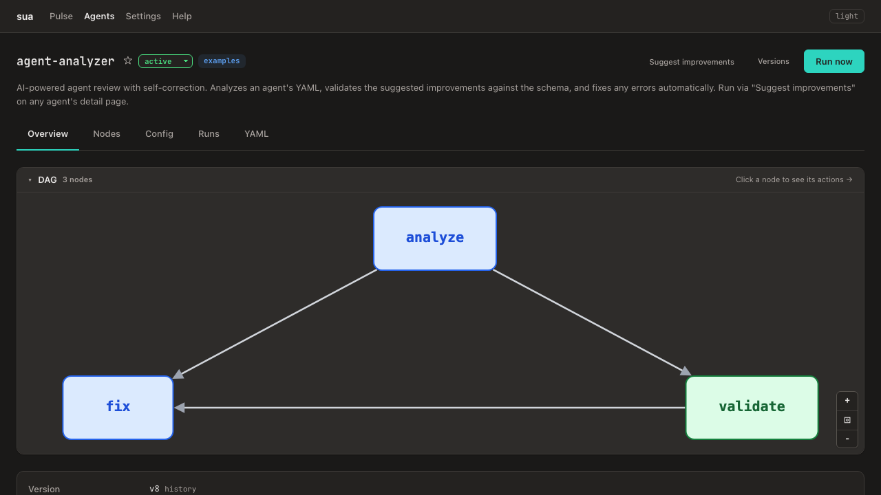 Agent overview page with the flow graph of nodes