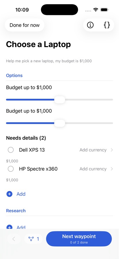 A waypoint for choosing a laptop under $1,000, with options to compare